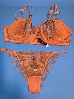 Adore Me Bright Orange Lace Underwire Bra & Matching Thong